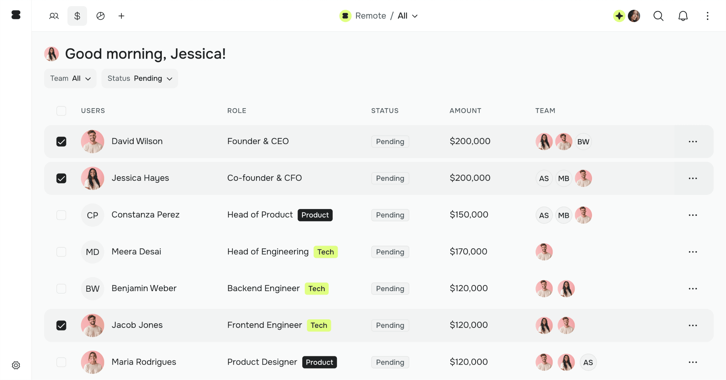 Rehire dashboard showing hiring users, status, amounts, and teams
